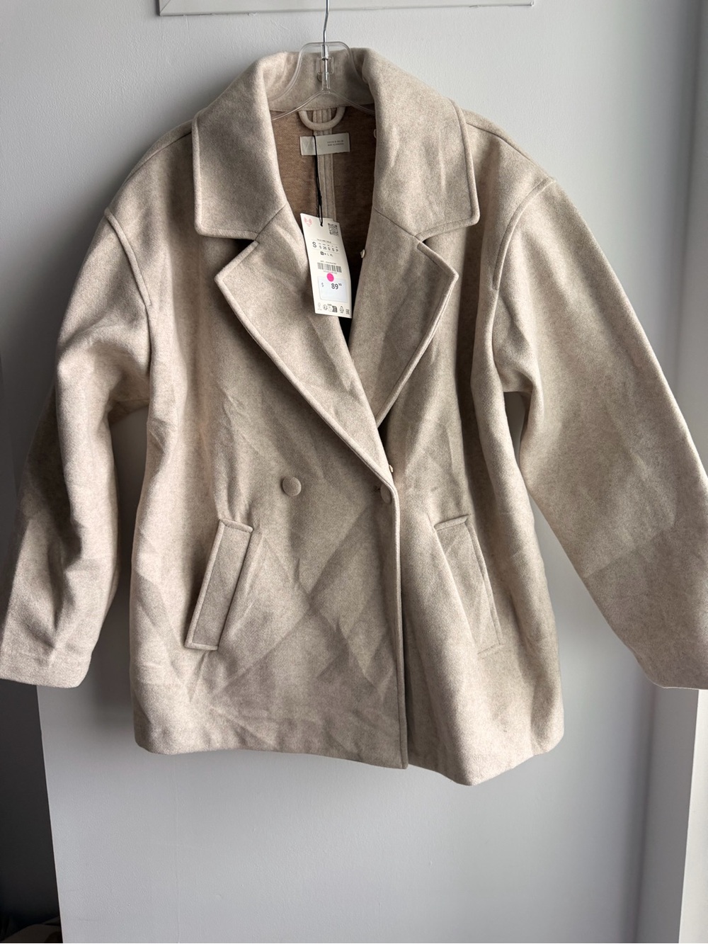 Zara Beige Double-Breasted Wool-Blend Peacoat